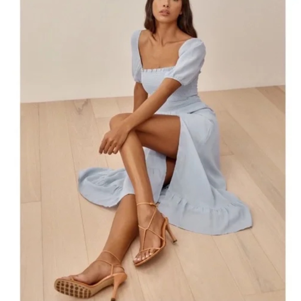 NWOT Reformation Meadow Dress in Mineral Light Blue Midi Short Puff Sleeves